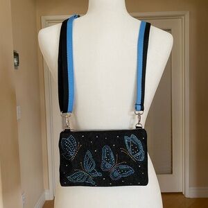 NWOT Brighton Black and Blue Butterfly Embellished Women's Crossbody Bag